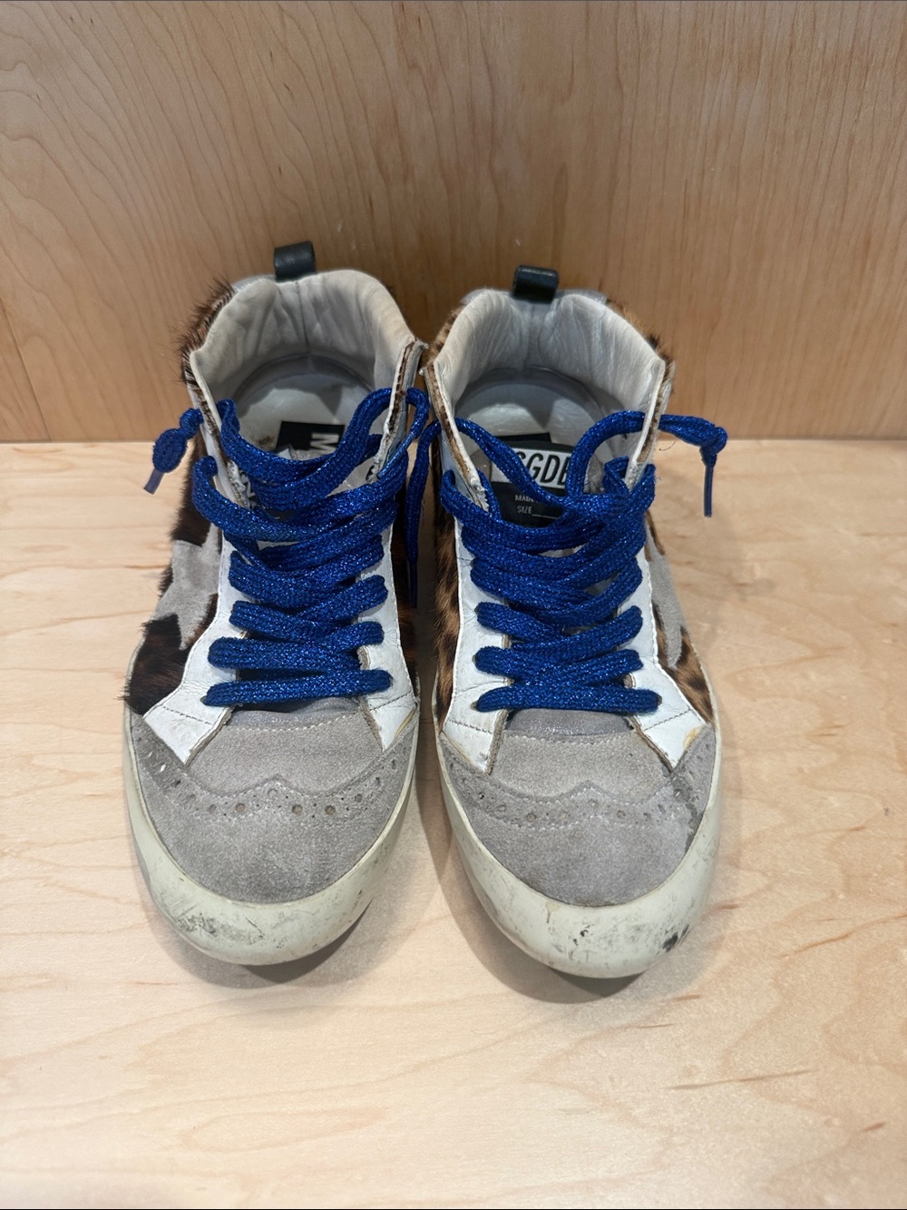 Golden Goose women’s pony hair leopard panel Blue Lace mid top  Sneakers